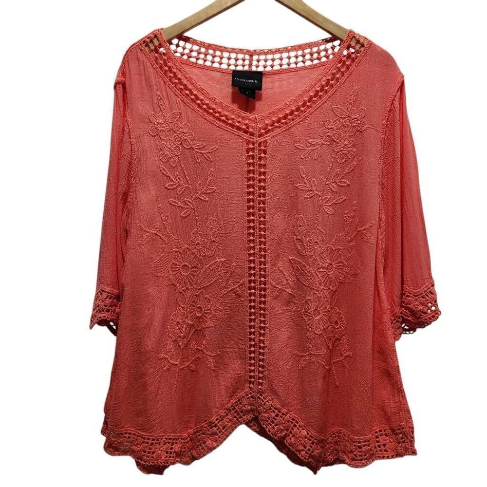 Liv Los Angeles‎ cotton crepe cutout lace coral floral embroidery top small